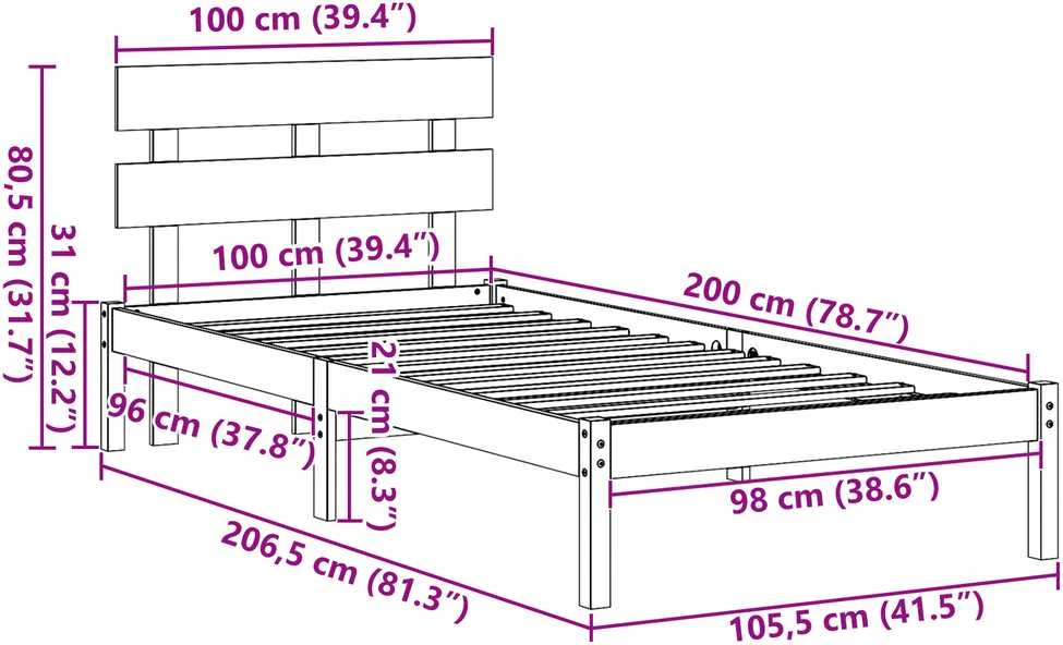 Lovos rėmas Balta 100 x 200 cm Pušies medienos masyvas