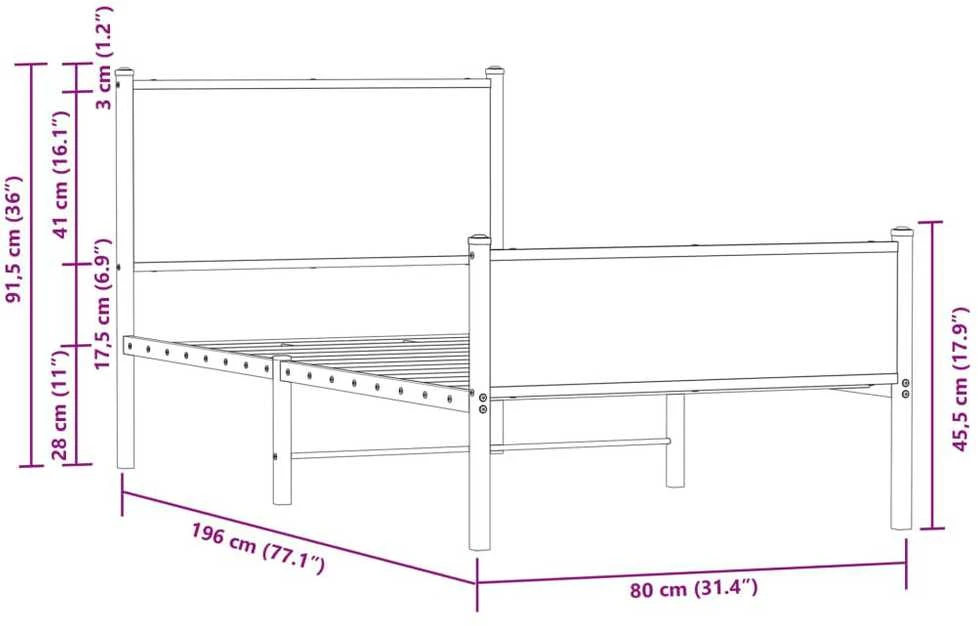 Lovos rėmas be čiužinio, sonoma ąžuolo, 75x190cm, metalas