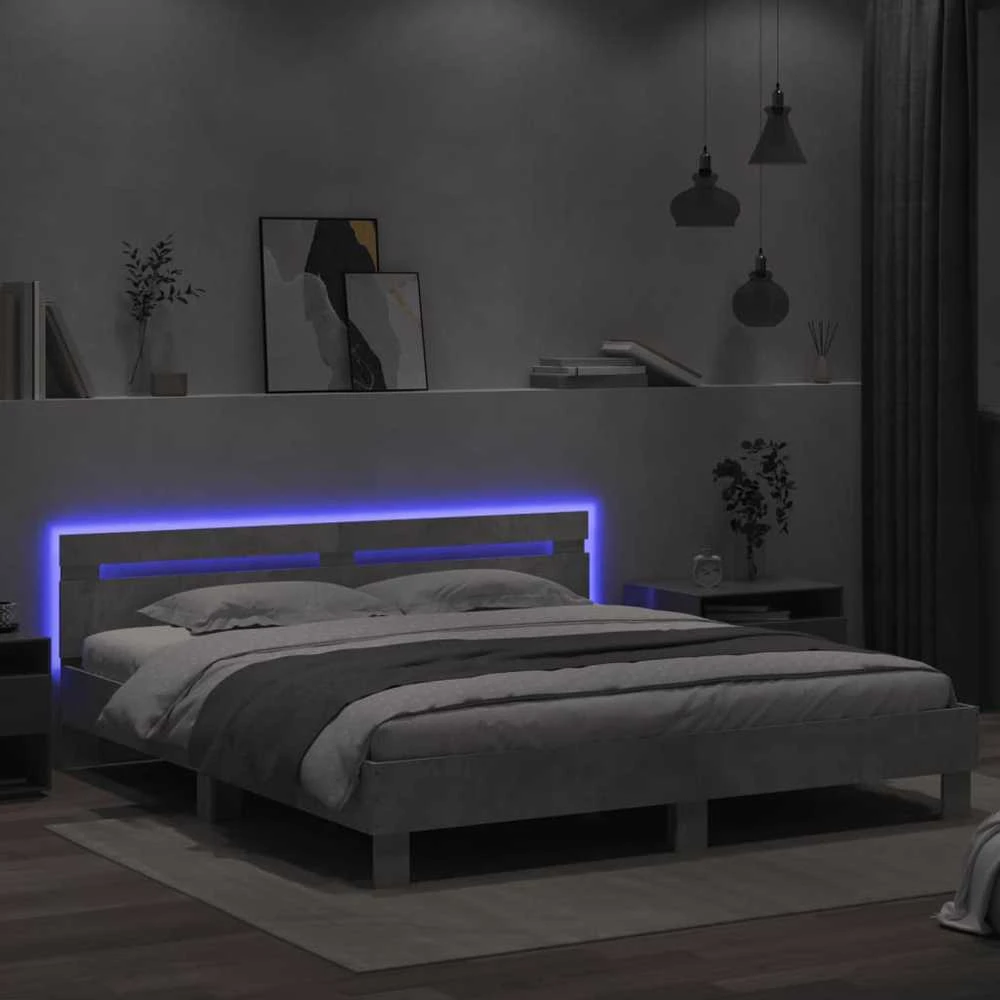 Lovos rėmas su galvūgaliu ir LED, betono pilkas, 160x200cm