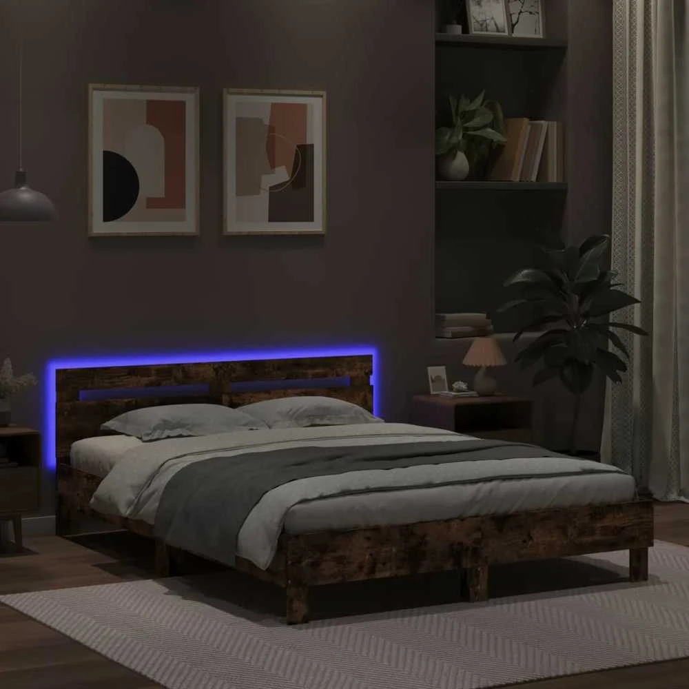 Lovos rėmas su galvūgaliu ir LED, dūminio ąžuolo, 140x190cm
