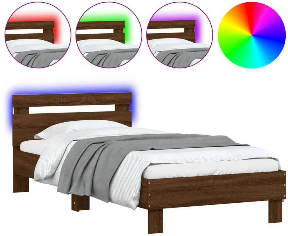 Lovos rėmas su galvūgaliu ir LED lemputėmis, rudas, 90x190cm