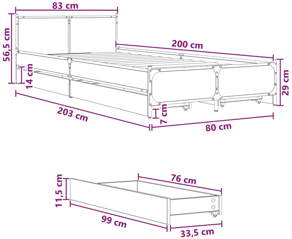 Lova Lovos Rėmas su Galvūgaliu su stalčių Dūminio ąžuolo 80 x 200 cm