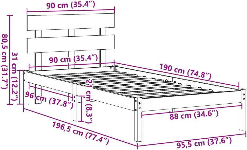 Lova Lovos rėmas Ruda 90 x 190 cm Pušies medienos masyvas