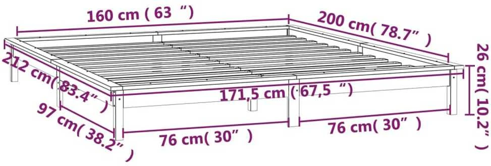 Lovos rėmas su LED, baltos spalvos, 160x200cm, medienos masyvas
