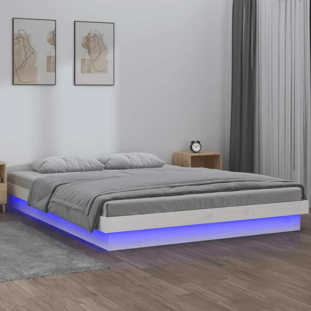 Lovos rėmas su LED, baltos spalvos, 120x200cm, medienos masyvas
