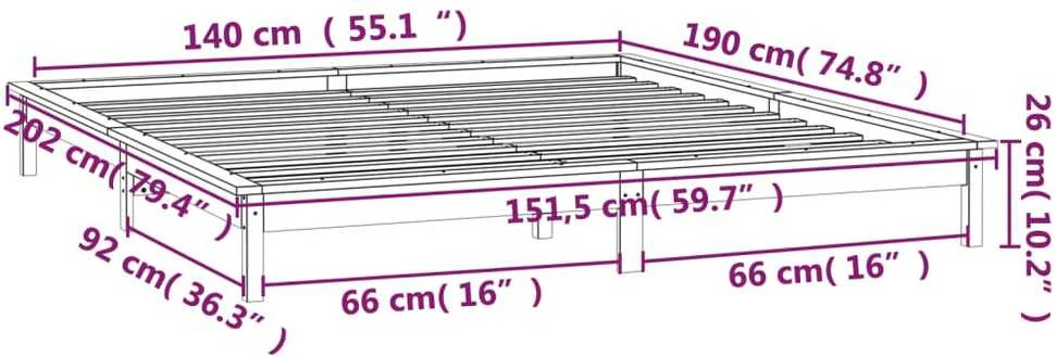 Lovos rėmas su LED, baltos spalvos, 140x190cm, medienos masyvas