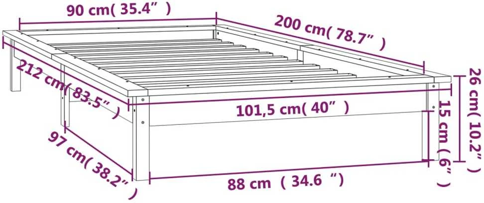 Lovos rėmas su LED, baltos spalvos, 90x200cm, medienos masyvas