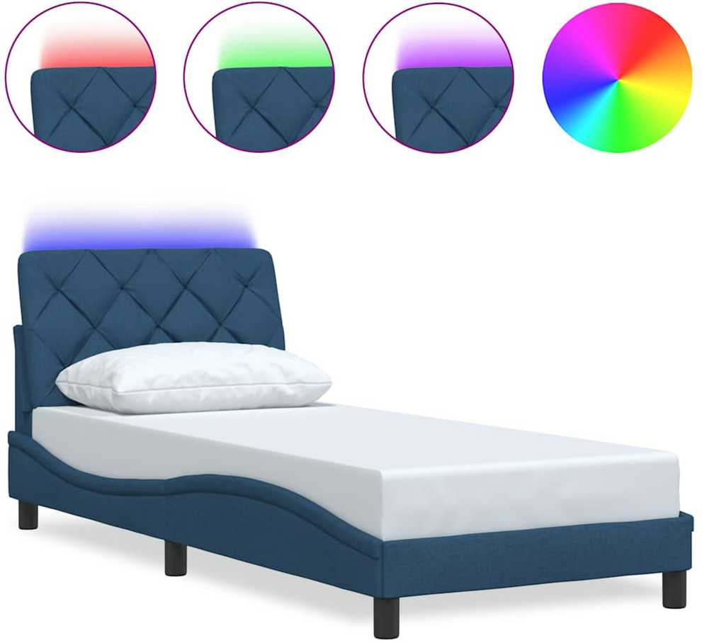 Lovos rėmas su LED be čiužinio, mėlynas, 90x200 cm, audinys