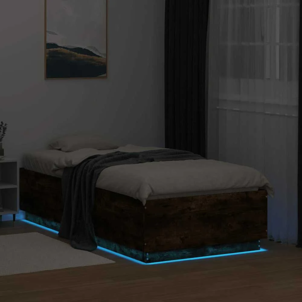 Lovos rėmas su LED, dūminio ąžuolo, 75x190cm, apdirbta mediena