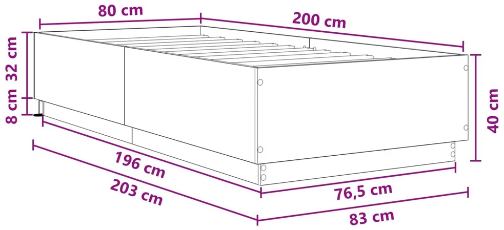 Lova Lovos rėmas su LED Dūminio ąžuolo 80 x 200 cm Apdirbta mediena