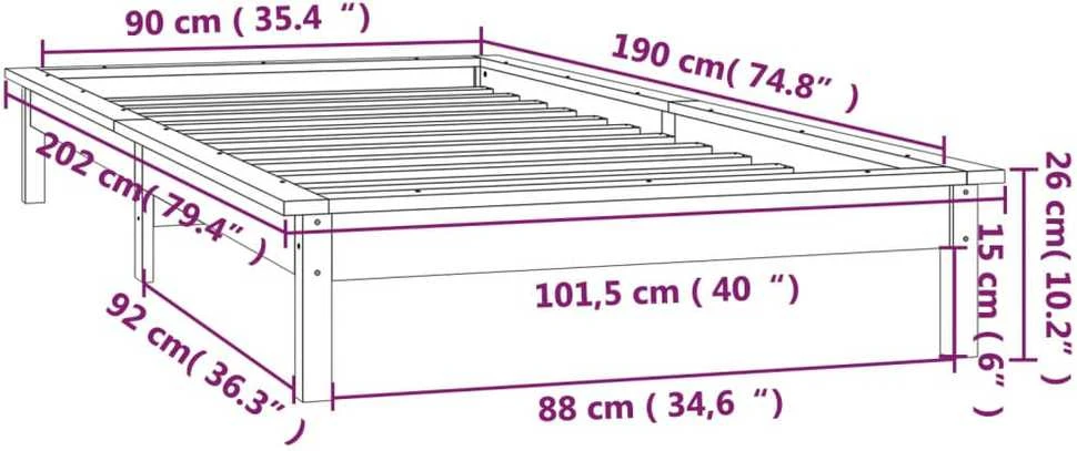 Lovos rėmas su LED, juodas, 90x190cm, mediena, vienvietis