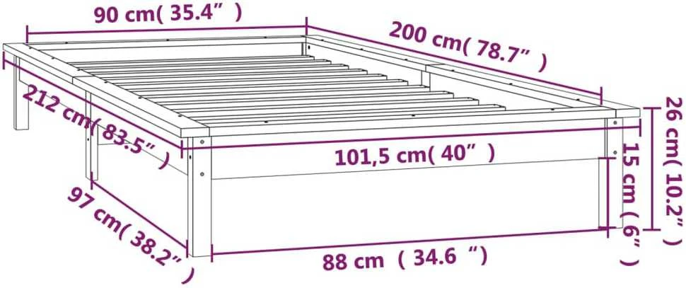 Lovos rėmas su LED, juodos spalvos, 90x200cm, medienos masyvas