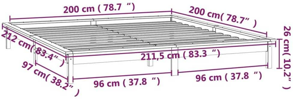 Lovos rėmas su LED, juodos spalvos, 200x200cm, medienos masyvas