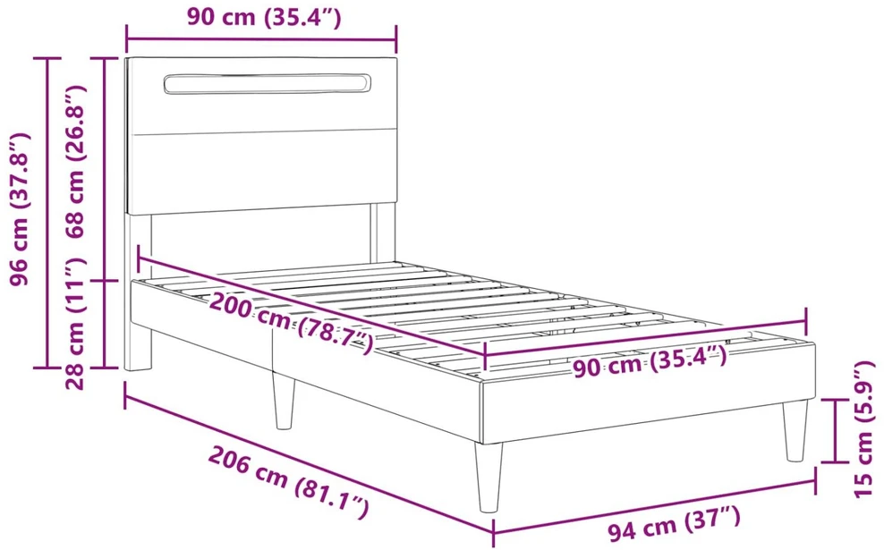 Lova Lovos rėmas su LED juostelėmis Balta 90 x 200 cm Dirbtinė oda