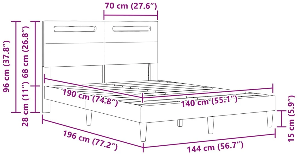Lovos rėmas su LED juostelėmis Juoda 140 x 190 cm Dirbtinė oda