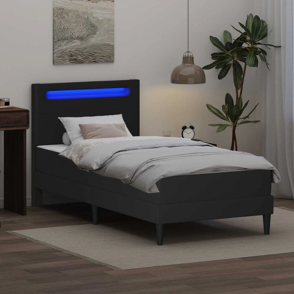 Lova Lovos rėmas su LED juostelėmis Juoda 90 x 190 cm Dirbtinė oda