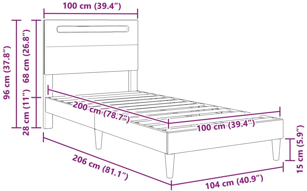 Lova Lovos rėmas su LED juostelėmis Juoda 100 x 200 cm Dirbtinė oda