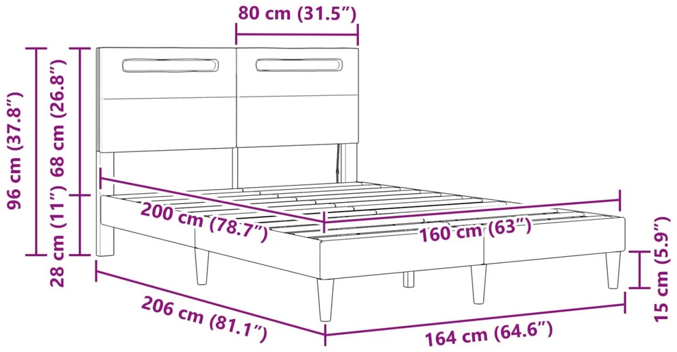 Lovos rėmas su LED juostelėmis Pilka 160 x 200 cm Dirbtinė oda