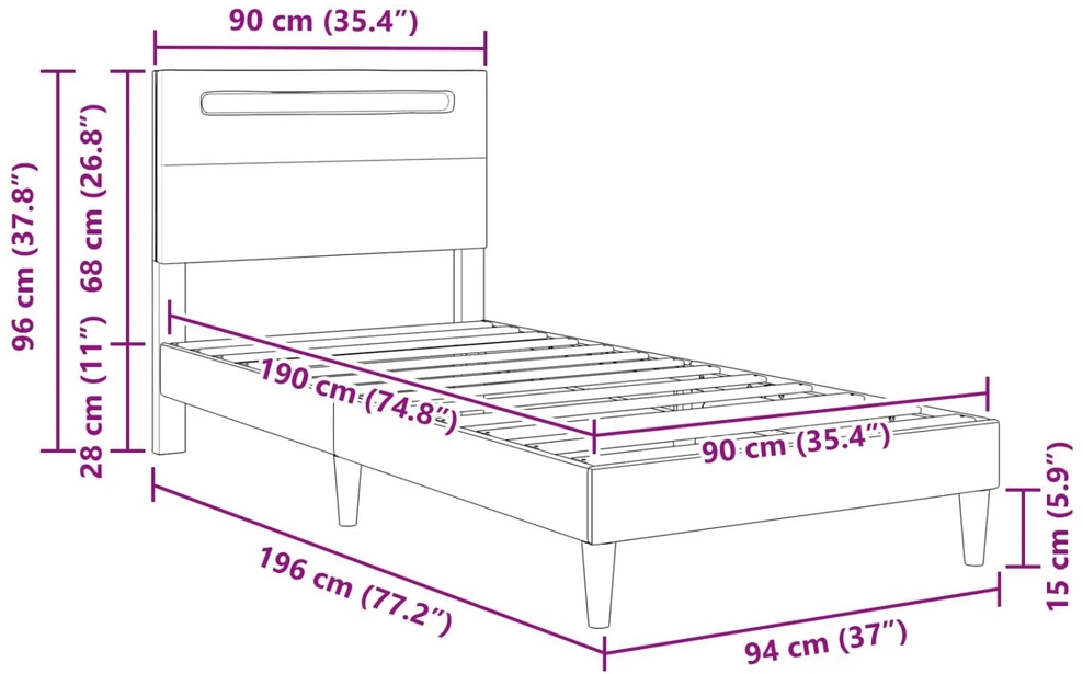 Lova Lovos rėmas su LED juostelėmis Pilka 90 x 190 cm Dirbtinė oda