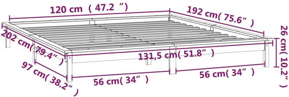 Lovos rėmas su LED, medaus rudas, 120x190cm, mediena, dvivietis