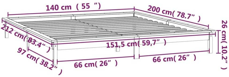 Lovos rėmas su LED, medaus rudas, 140x200cm, medienos masyvas