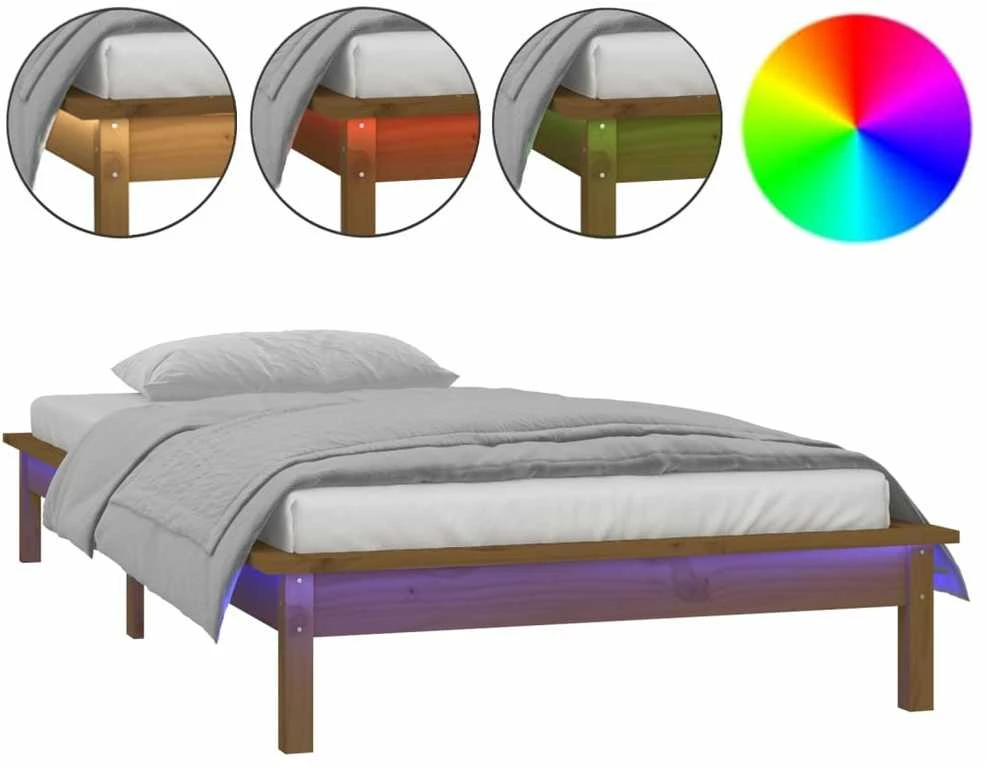 Lovos rėmas su LED, medaus rudas, 75x190cm, mediena, vienvietis