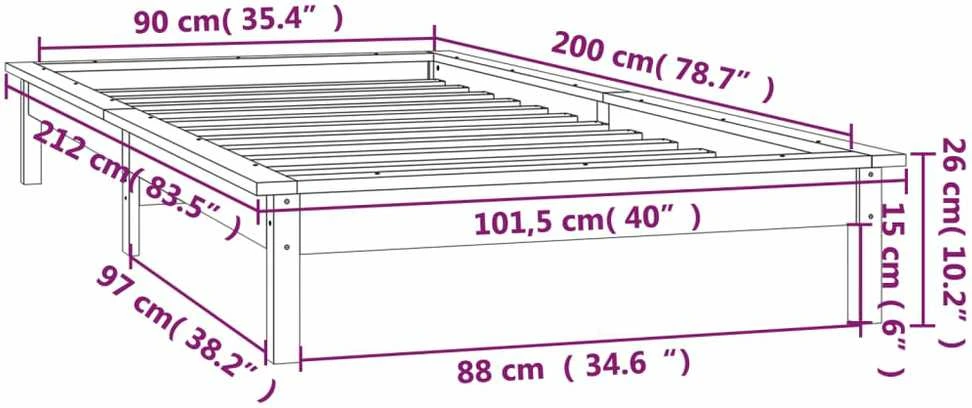 Lovos rėmas su LED, pilkos spalvos, 90x200cm, medienos masyvas