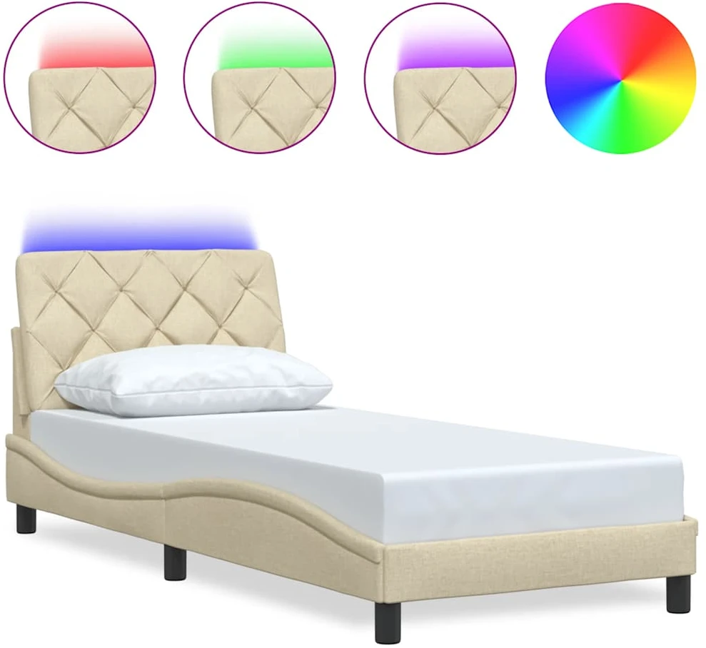 Lovos rėmas su LED šviesa, be čiužinio, kreminės spalvos, 80x200 cm, audinys