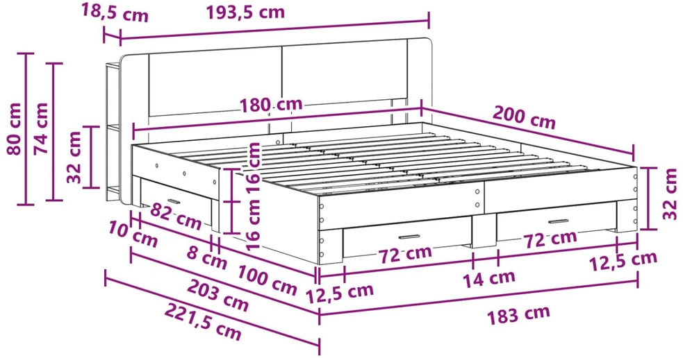 Lovos rėmas su saugojimu Betono pilka 200 x 200 cm
