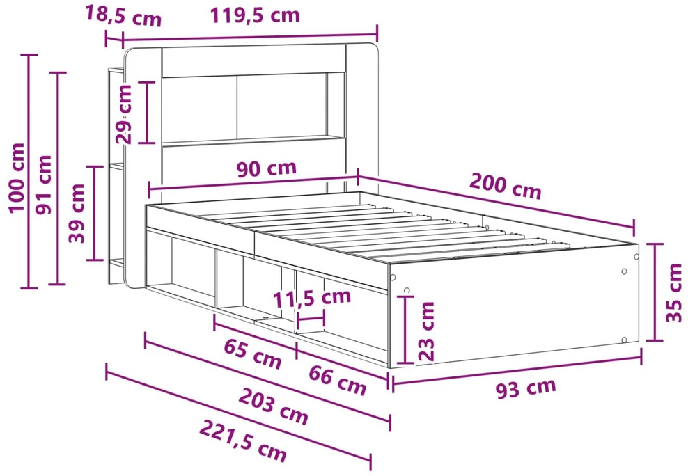 Lova Lovos rėmas su saugojimu Dūminio ąžuolo 90 x 200 cm