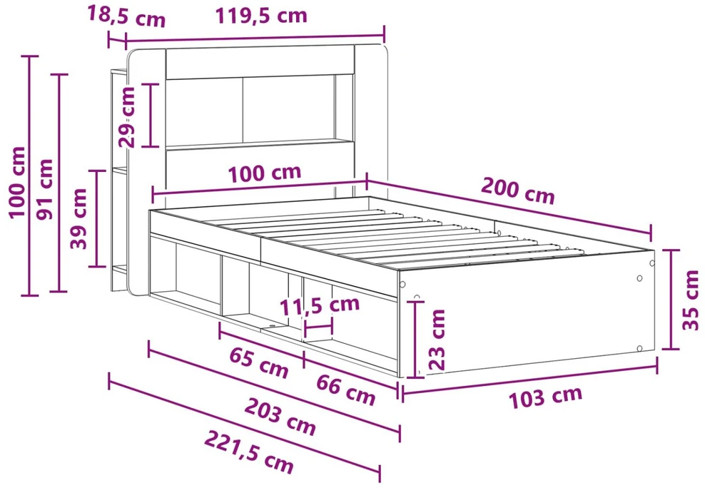 Lova Lovos rėmas su saugojimu Dūminio ąžuolo 100 x 200 cm