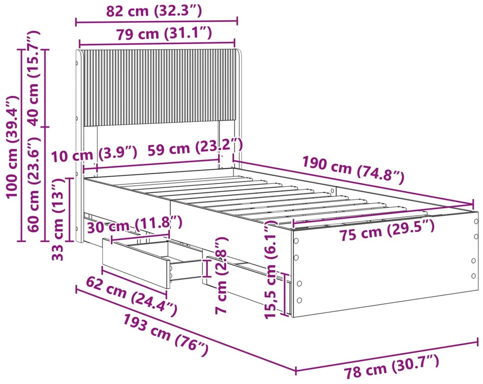 Lova Lovos rėmas su saugojimu ir nugara Betono pilka 75 x 190 cm