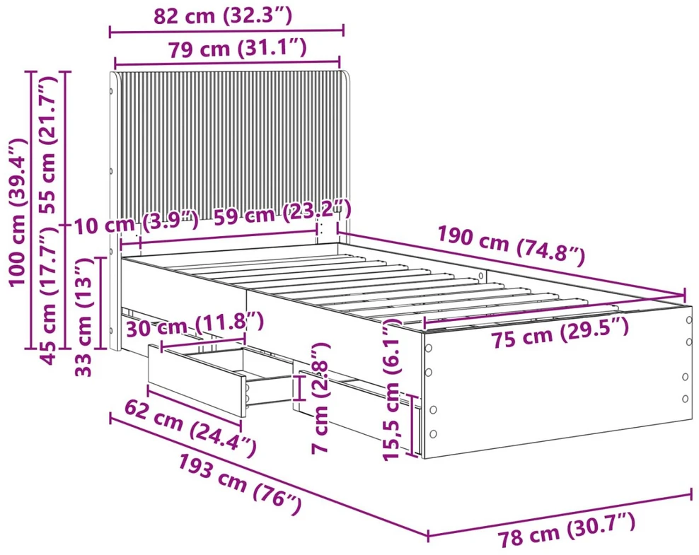 Lova Lovos rėmas su saugojimu ir nugara Betono pilka 75 x 190 cm