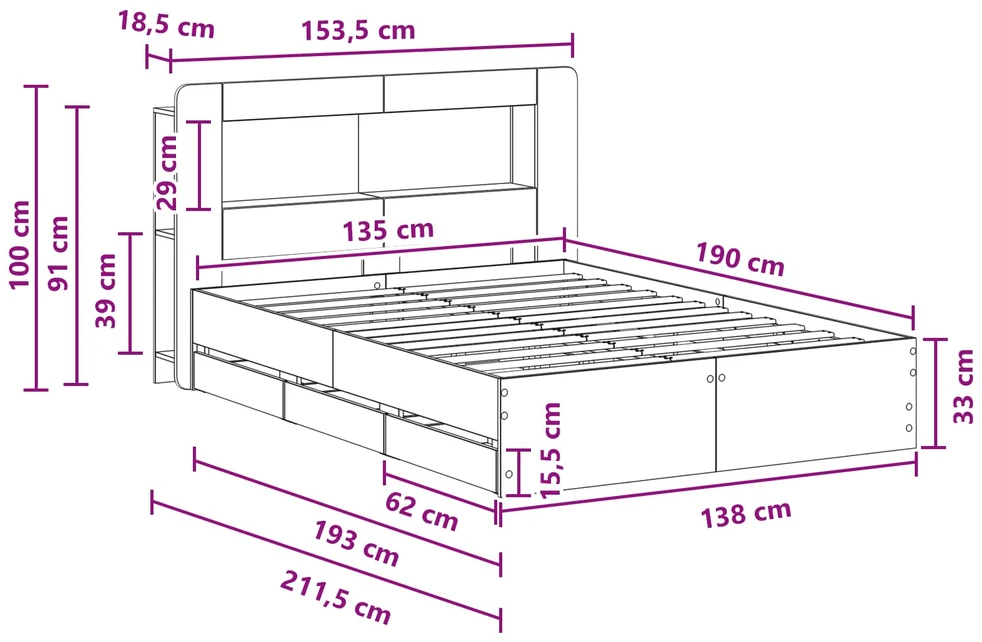 Lova Lovos rėmas su saugojimu ir nugara Dūminio ąžuolo 135 x 190 cm