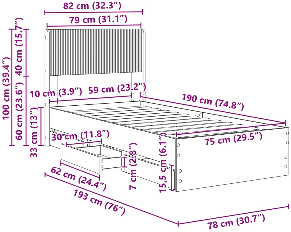Lova Lovos rėmas su saugojimu ir nugara Betono pilka 75 x 190 cm