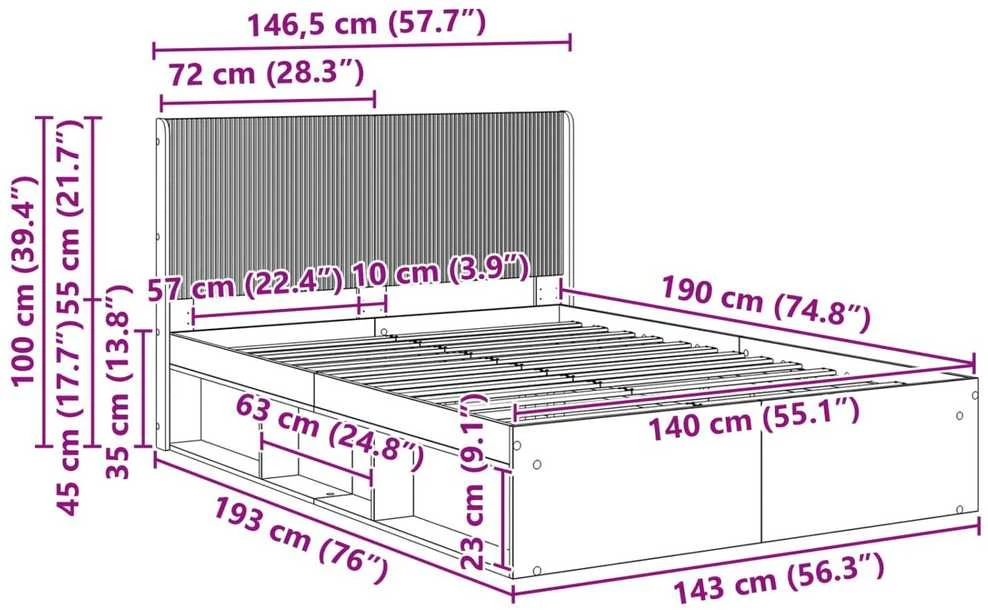 Lovos rėmas su saugojimu ir nugara Betono pilka 140 x 190 cm