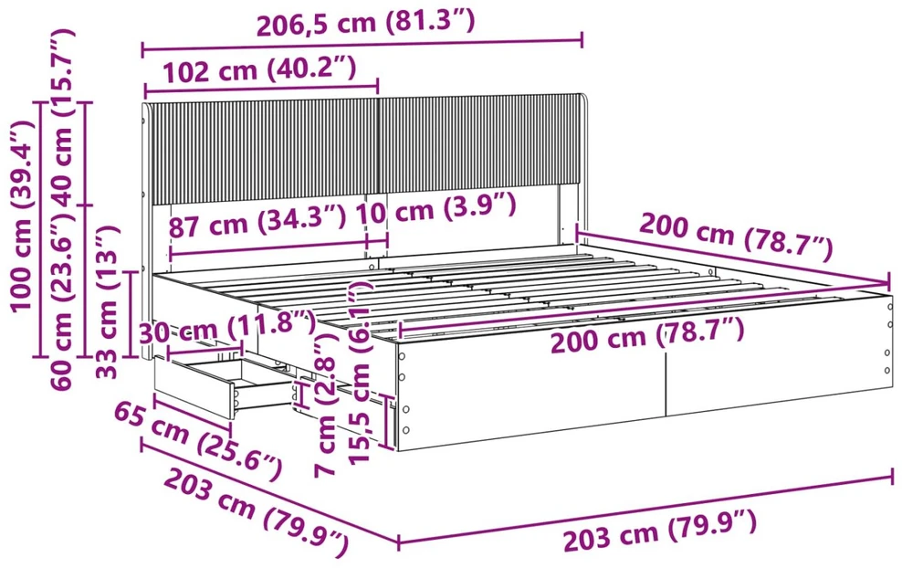 Lova Lovos rėmas su saugojimu ir nugara Sonoma ąžuolas 200 x 200 cm