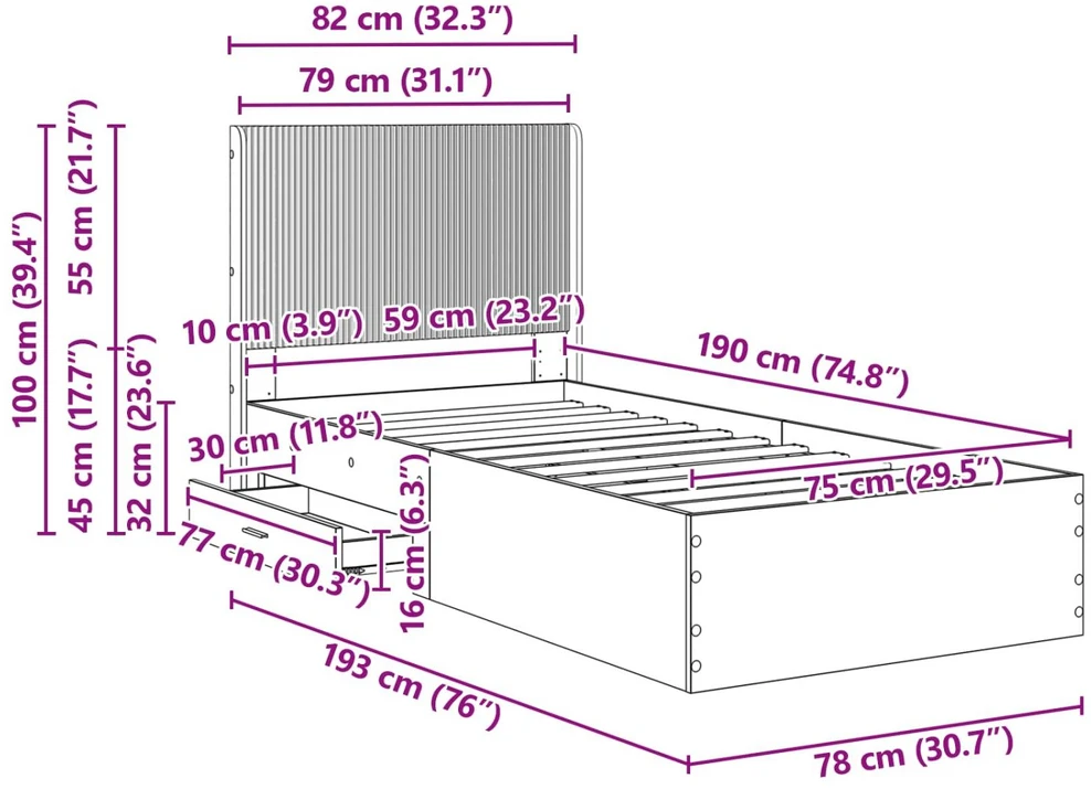 Lova Lovos rėmas su saugojimu ir nugara Dūminio ąžuolo 75 x 190 cm