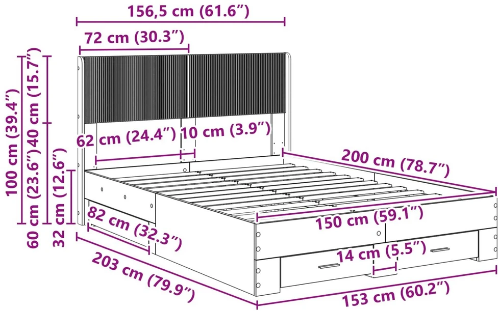 Lovos rėmas su saugojimu ir nugara Dūminio ąžuolo 150 x 200 cm