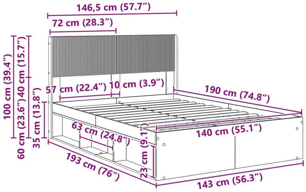 Lovos rėmas su saugojimu ir nugara Pilka Sonoma 140 x 190 cm