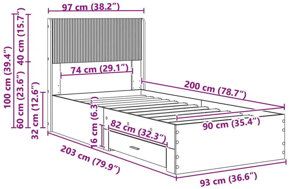 Lova Lovos rėmas su saugojimu ir nugara Pilka Sonoma 90 x 200 cm