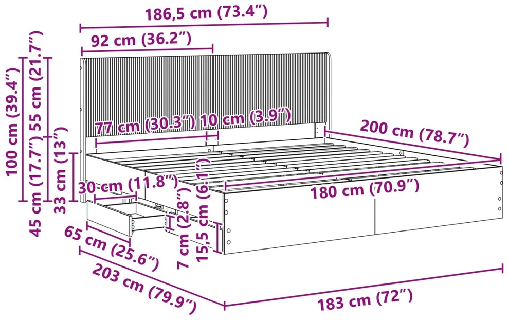 Lova Lovos rėmas su saugojimu ir nugara Betono pilka 180 x 200 cm