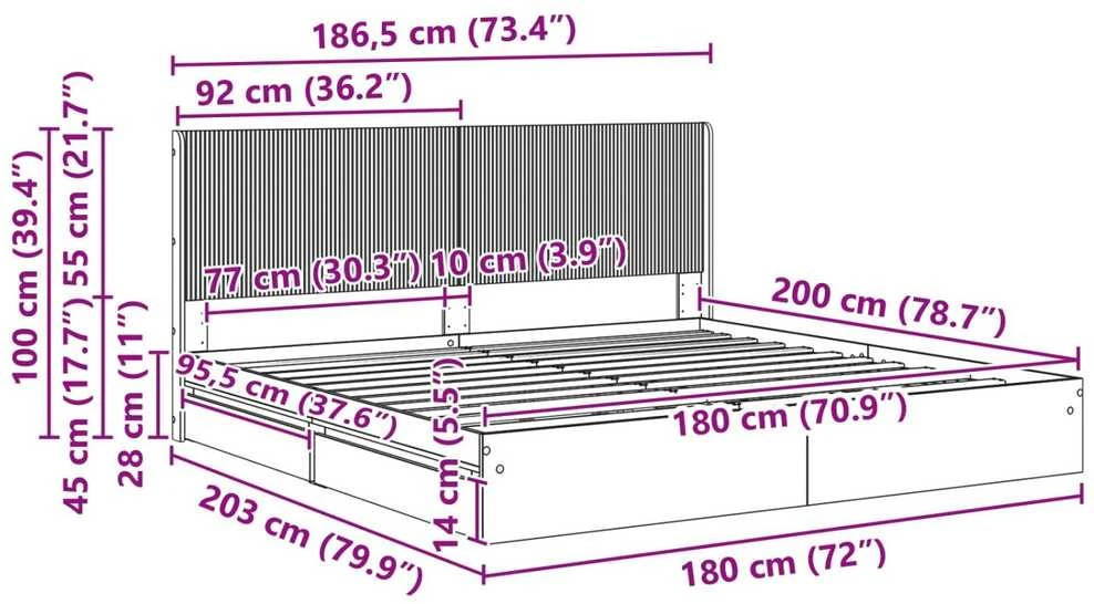 Lovos rėmas su saugojimu ir nugara Dūminio ąžuolo 180 x 200 cm