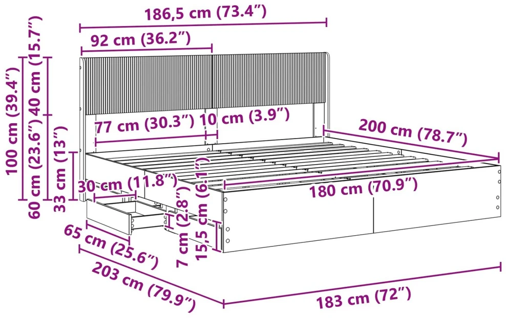 Lova Lovos rėmas su saugojimu ir nugara Betono pilka 180 x 200 cm