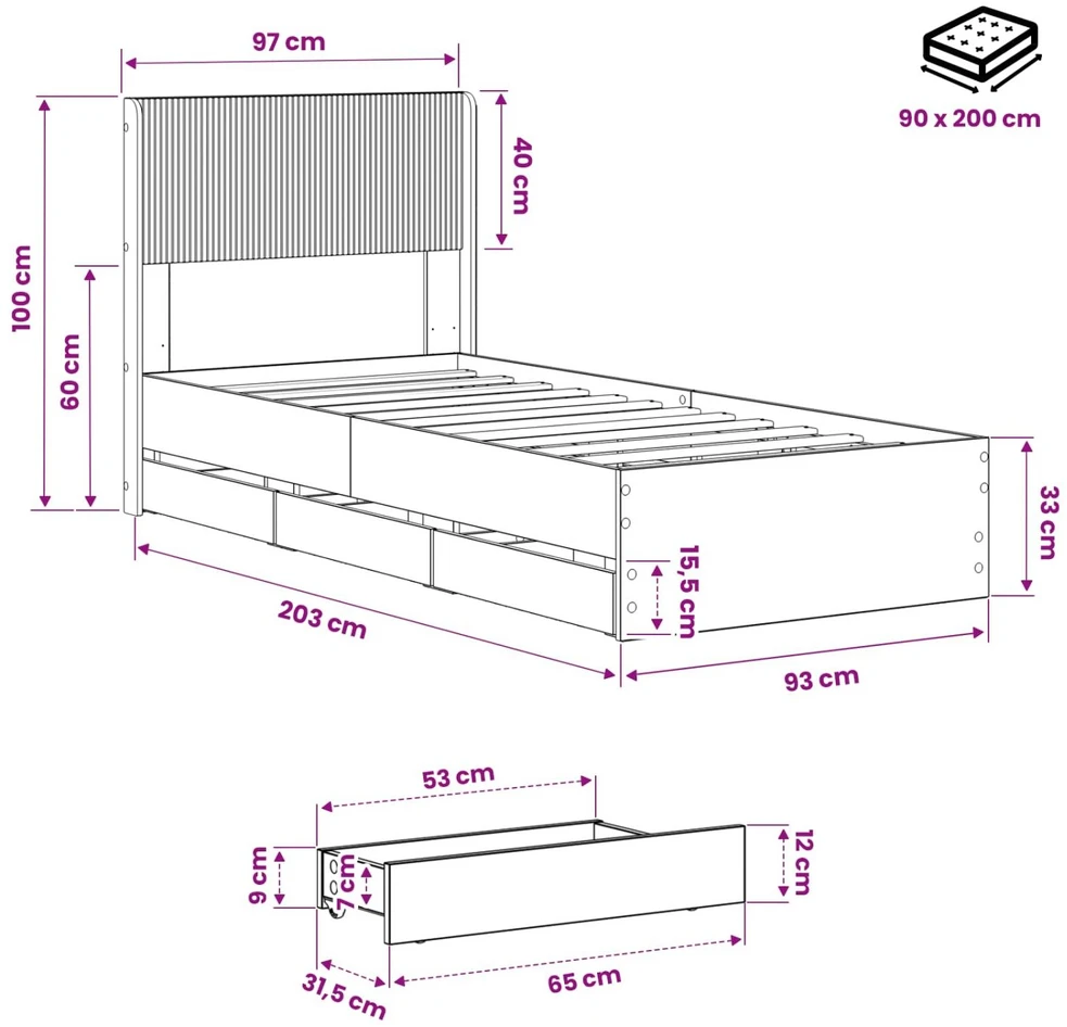 Lova Lovos rėmas su saugojimu ir nugara Artisan Oak 90 x 200 cm