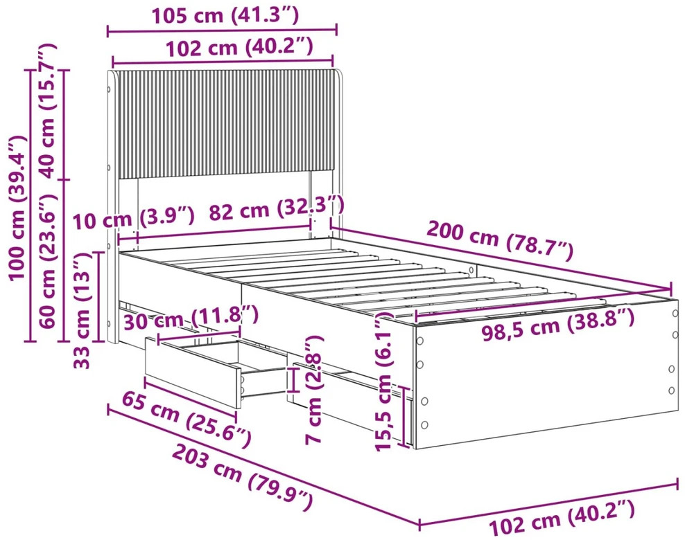 Lova Lovos rėmas su saugojimu ir nugara Balta 100 x 200 cm