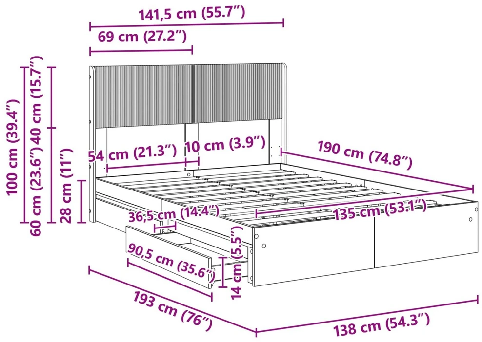 Lova Lovos rėmas su saugojimu ir nugara Dūminio ąžuolo 135 x 190 cm