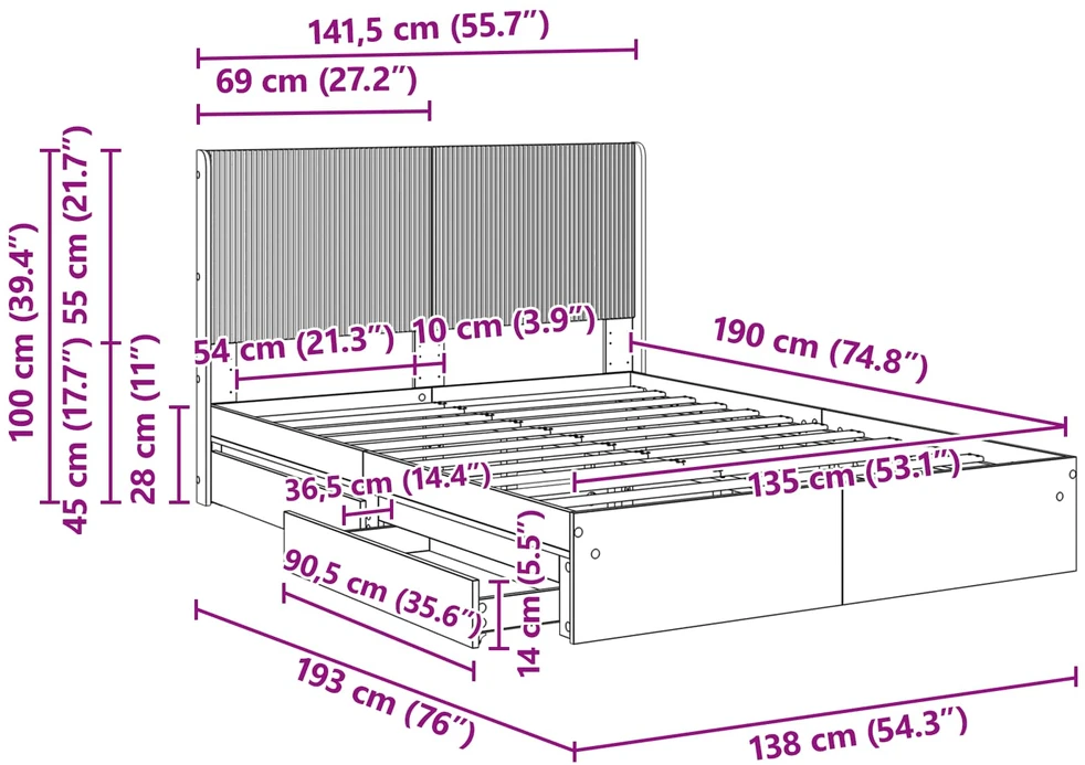 Lova Lovos rėmas su saugojimu ir nugara Dūminio ąžuolo 135 x 190 cm