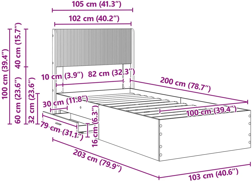 Lova Lovos rėmas su saugojimu ir nugara Dūminio ąžuolo 100 x 200 cm