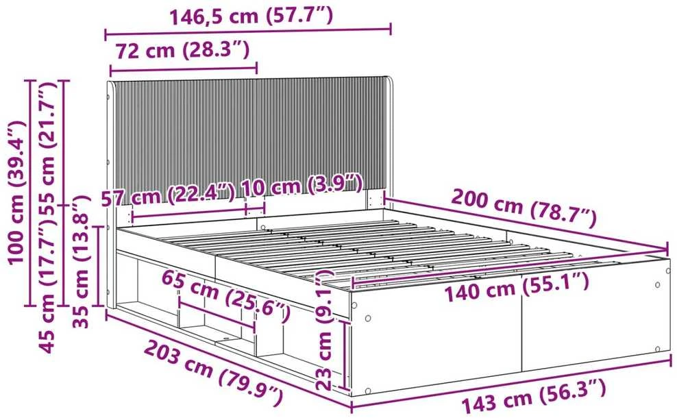 Lovos rėmas su saugojimu ir nugara Betono pilka 140 x 200 cm